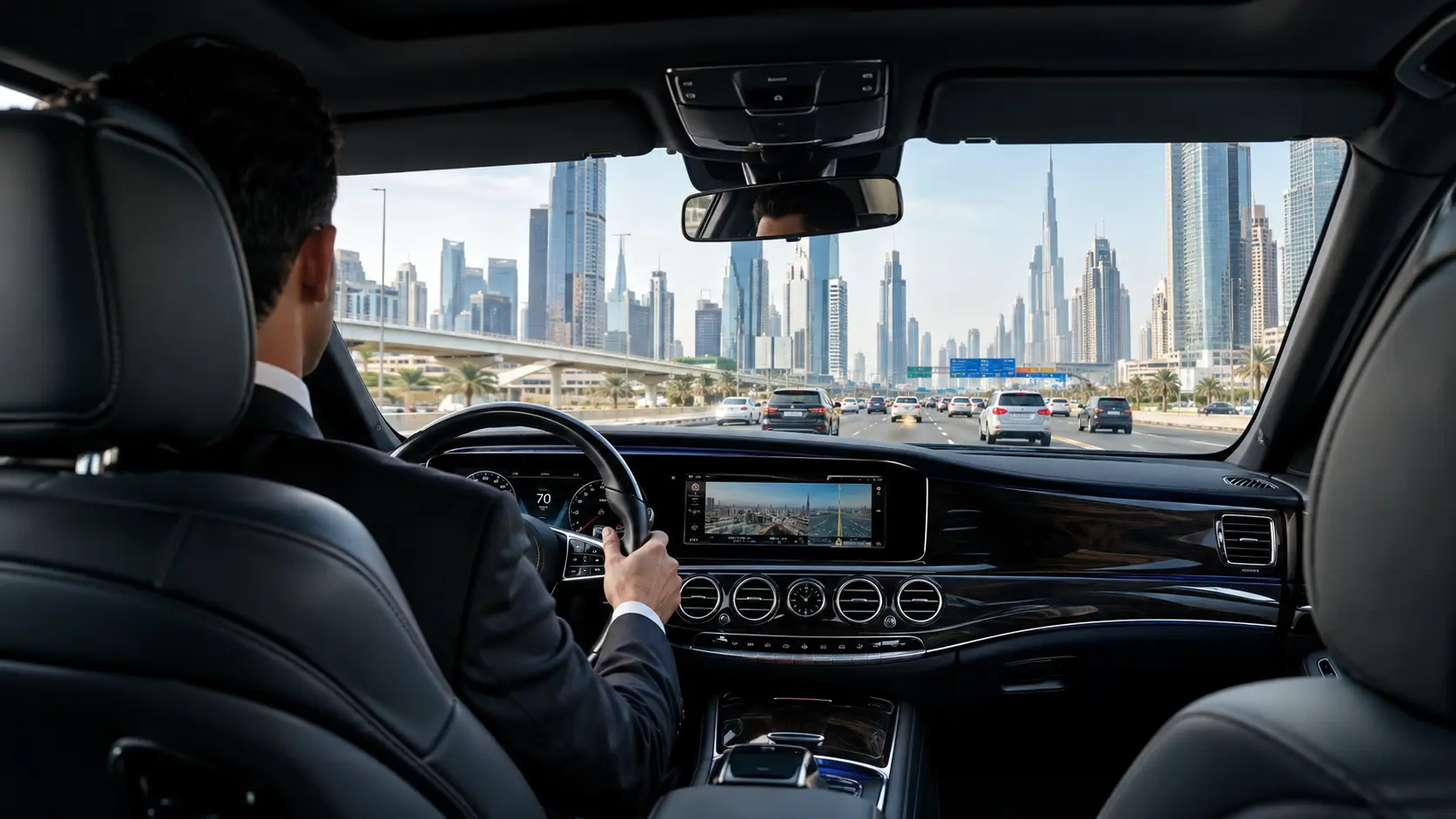 Passenger relaxing in the back seat during a chauffeur-driven journey in Dubai