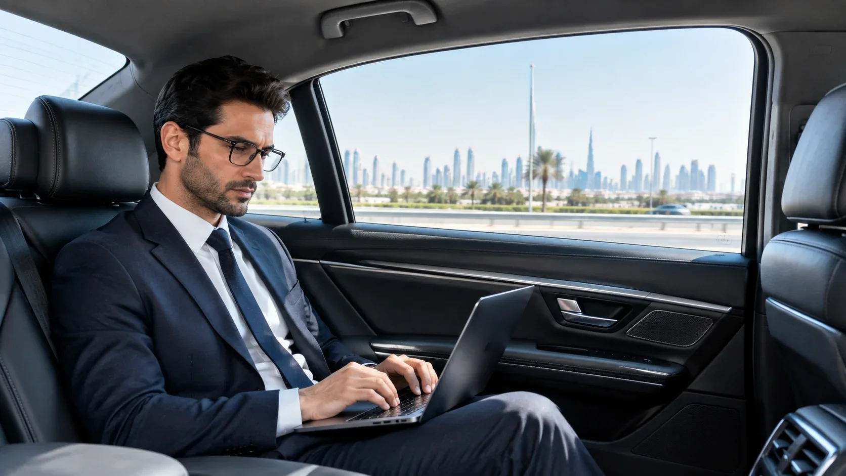 Business traveller working on a laptop in the back seat of a chauffeur-driven car with the Dubai skyline outside