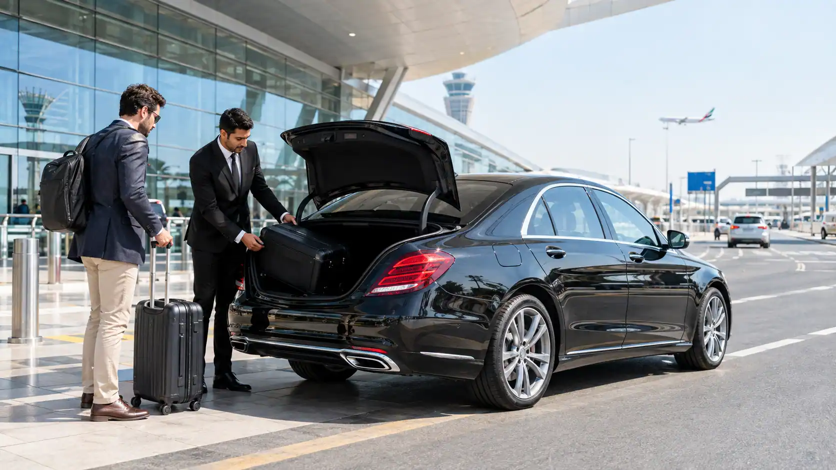 Chauffeur loading luggage into a black Mercedes sedan outside an airport terminal