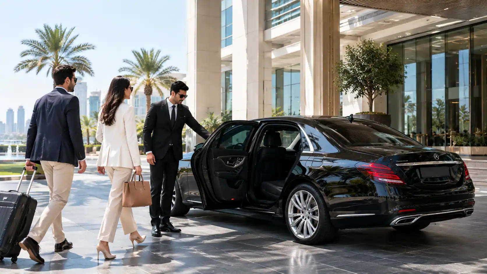Chauffeur opening the rear door of a black Mercedes for a couple at a hotel entrance