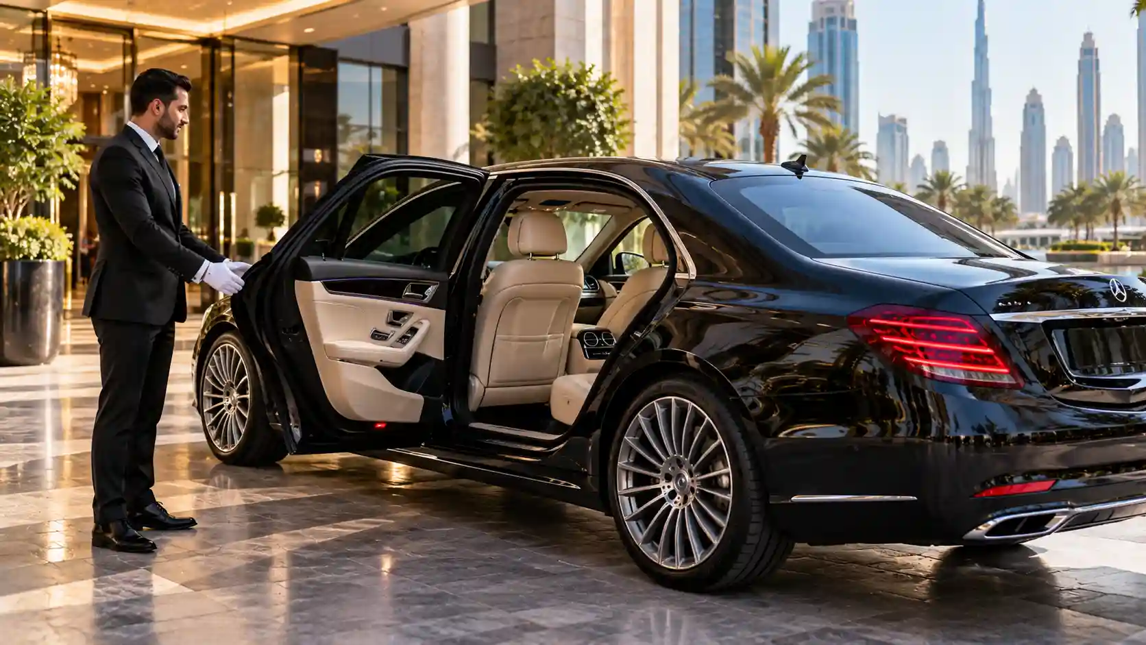Professional chauffeur in white gloves holding the door of a black Mercedes at a luxury city hotel in the UAE