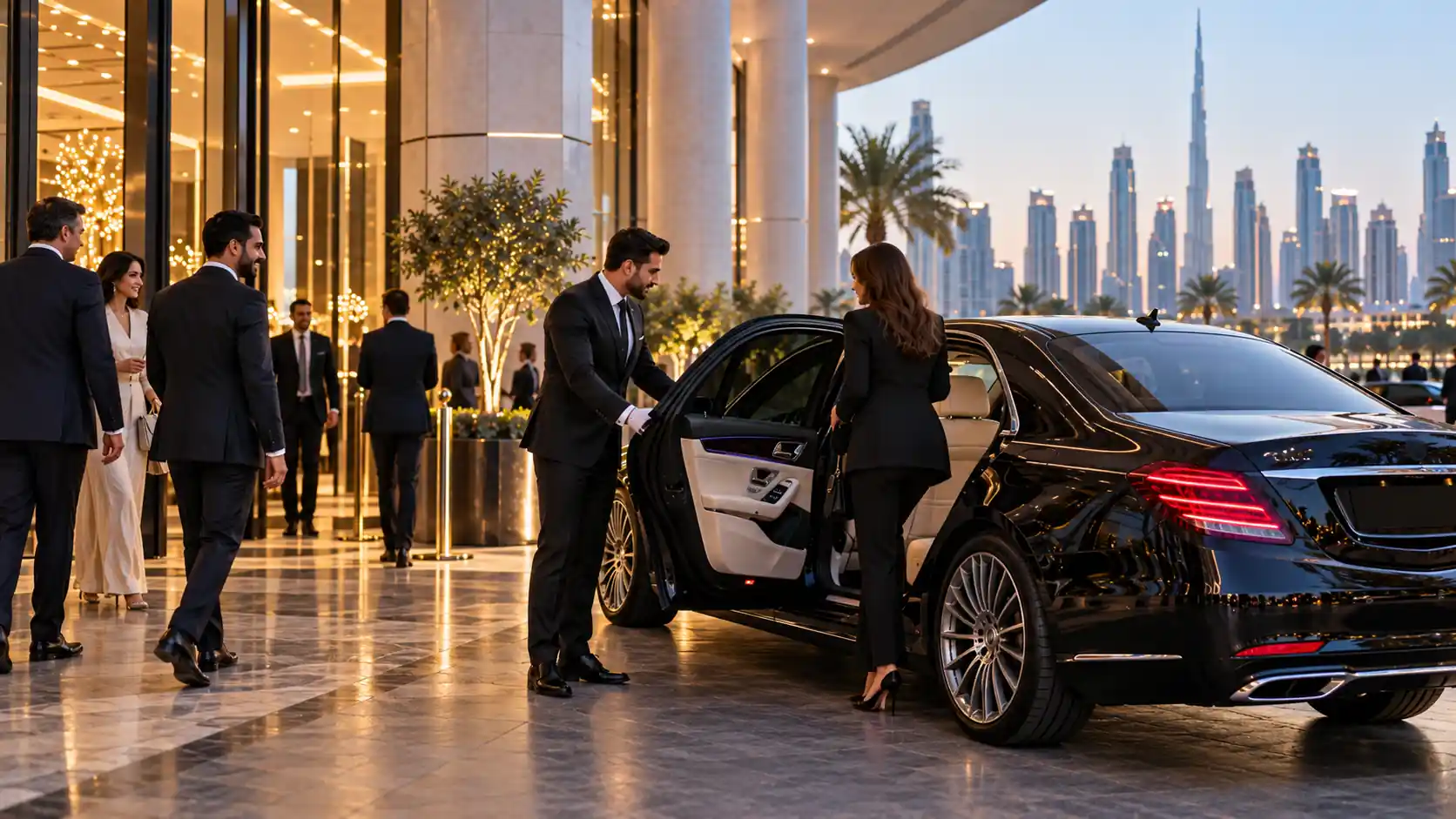Limo service in UAE: chauffeur opening the door of a black luxury sedan for a VIP arrival at a Dubai hotel