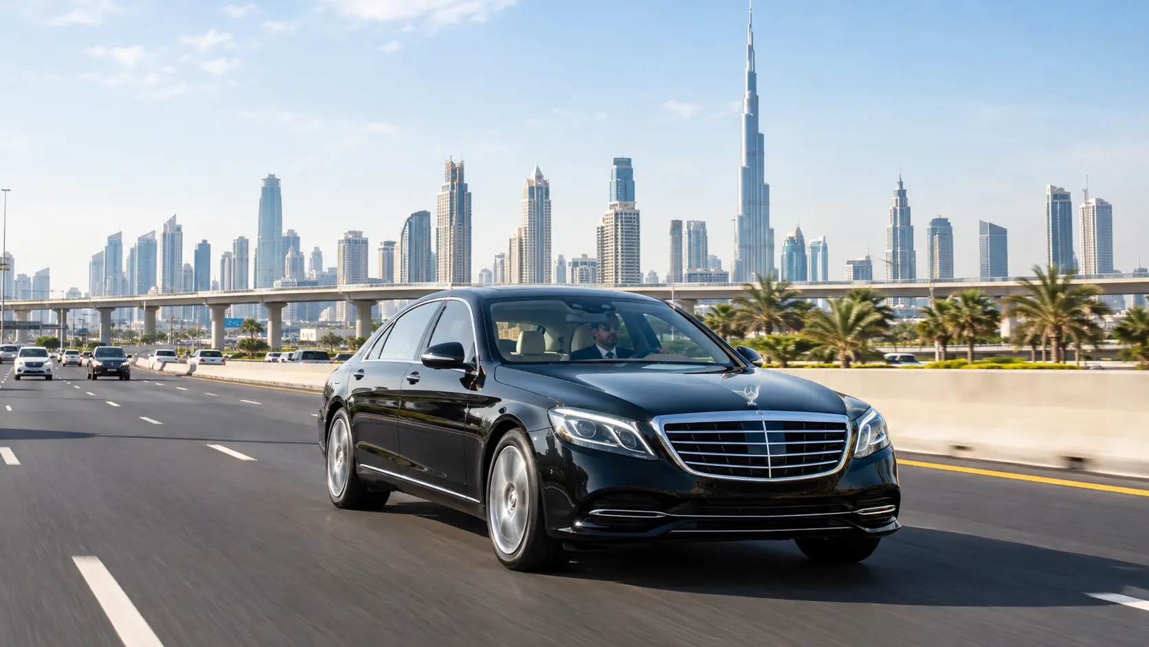 Best chauffeur service in UAE: chauffeur-driven Mercedes on a Dubai highway with the Burj Khalifa skyline