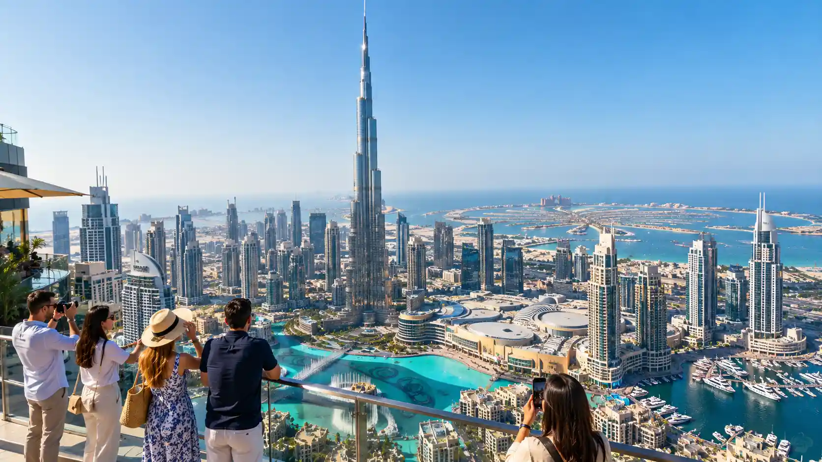 Holiday visitors photographing the Burj Khalifa, Downtown Dubai and Palm Jumeirah while touring Dubai with a limo service