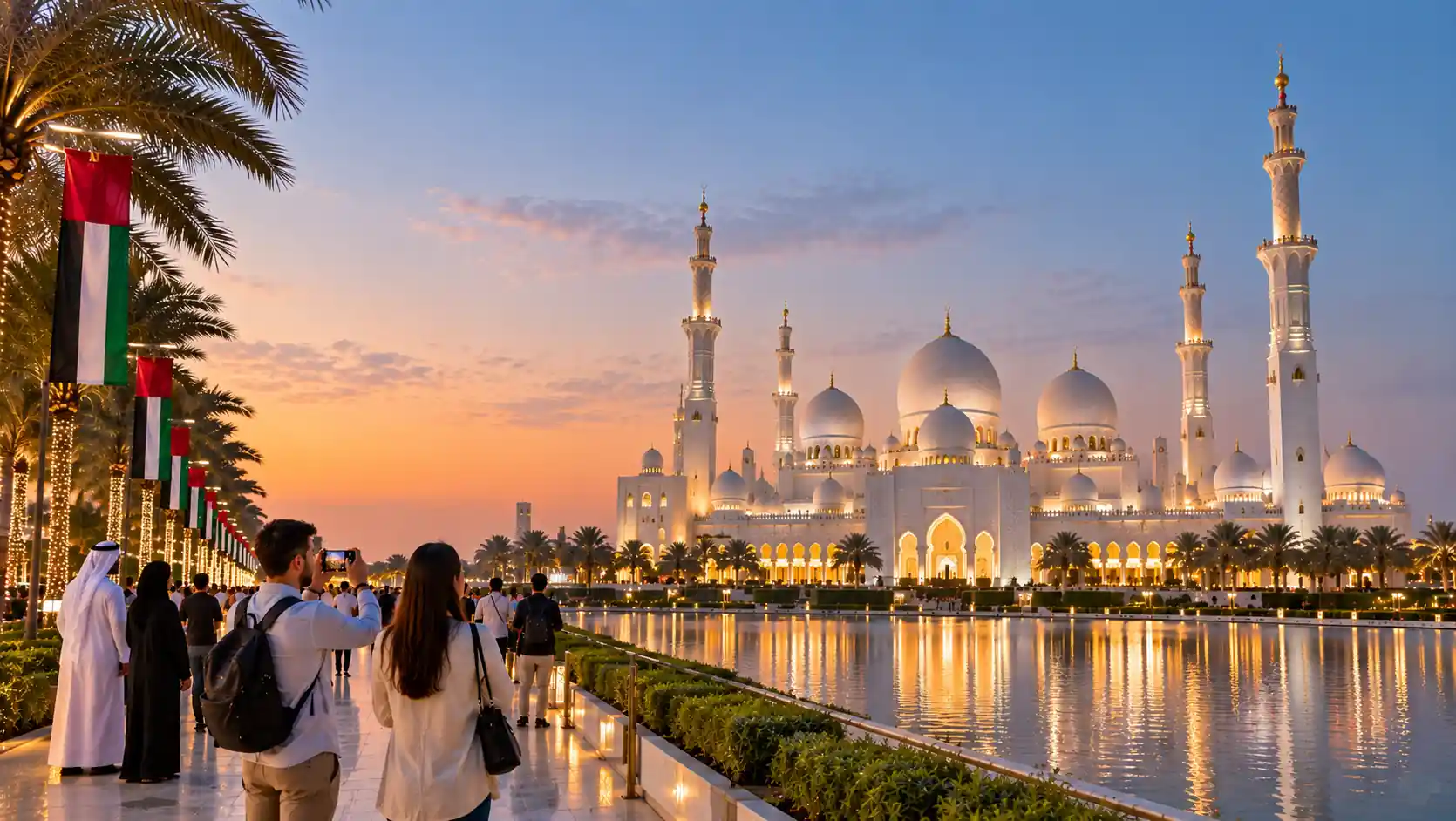 UAE flags lining the walkway at Sheikh Zayed Grand Mosque in Abu Dhabi at sunset during UAE National Day, a popular Dubai to Abu Dhabi limo trip